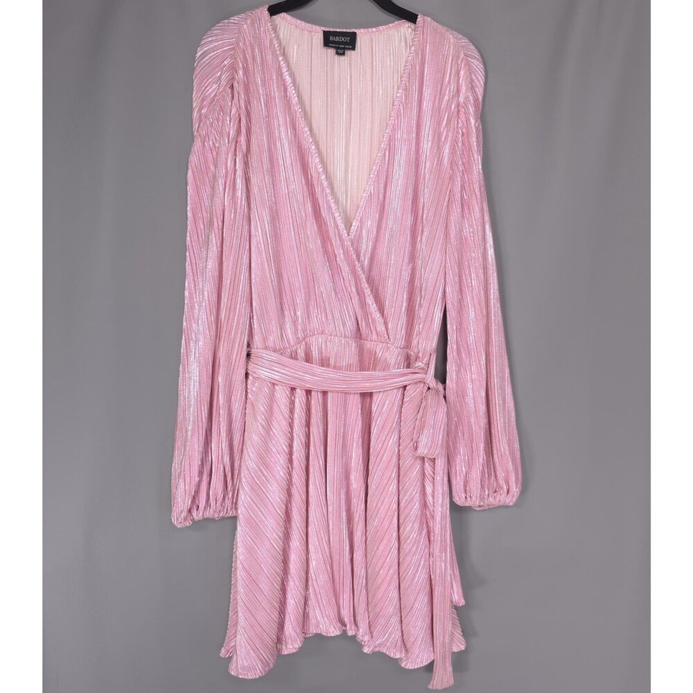 BARDOT Women’s Wrap Mini‎ Dress 6 SMALL Bellissa Pink Metallic Tie Waist Pleated